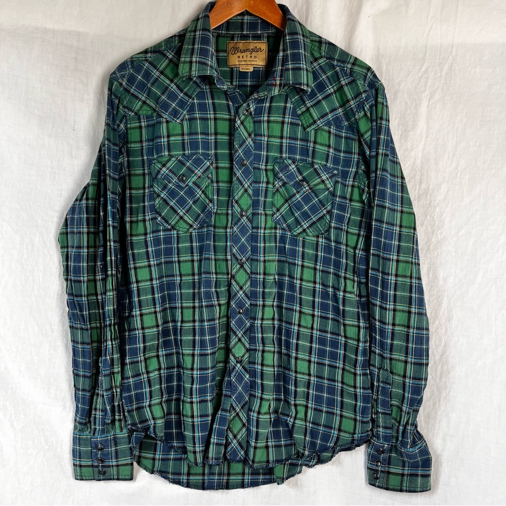 Wrangler Retro Shirt Women L Western Pearl Snap Plaid Cotton Cowgirl Flannel Top